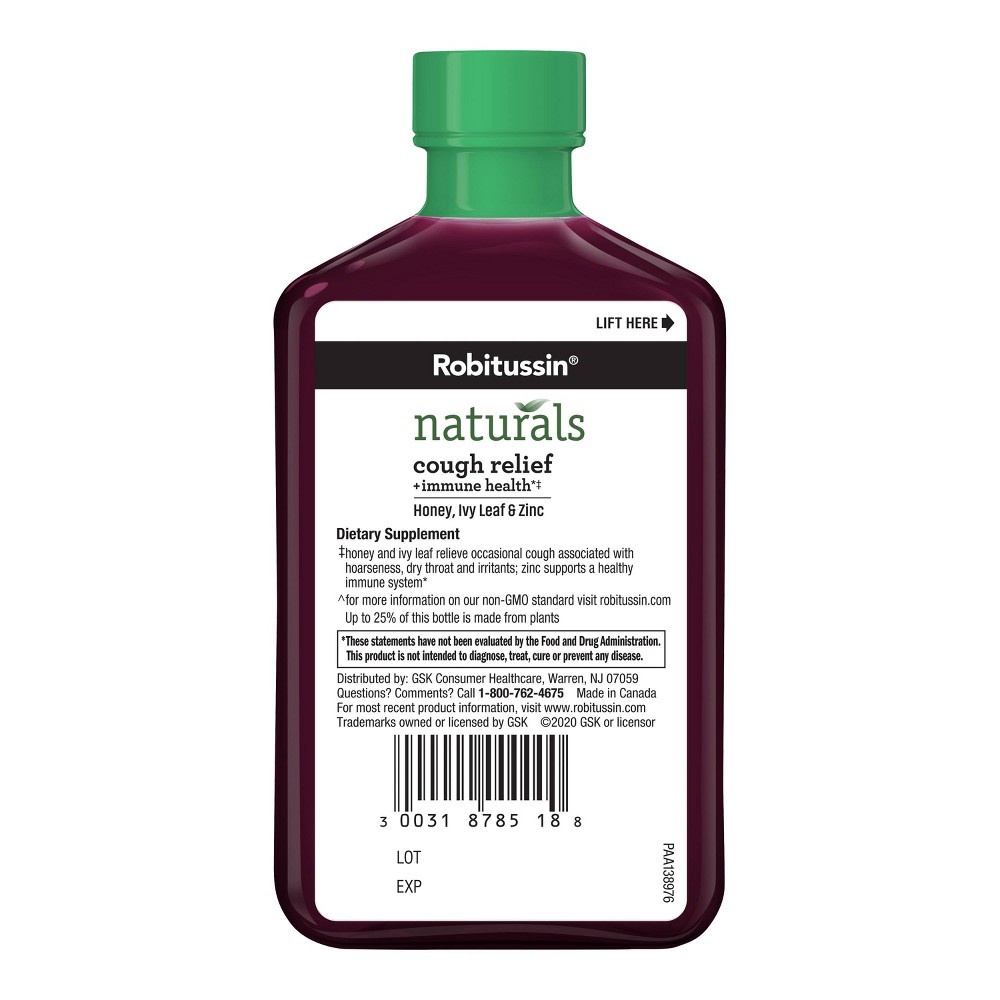 slide 3 of 3, Robitussin Naturals Cough Relief + Immune Health Dietary Supplement with Honey, Ivy Leaf, Zinc and Elderberry, Natural Honey Flavor - 8.3 Oz Syrup, 8.3 fl oz