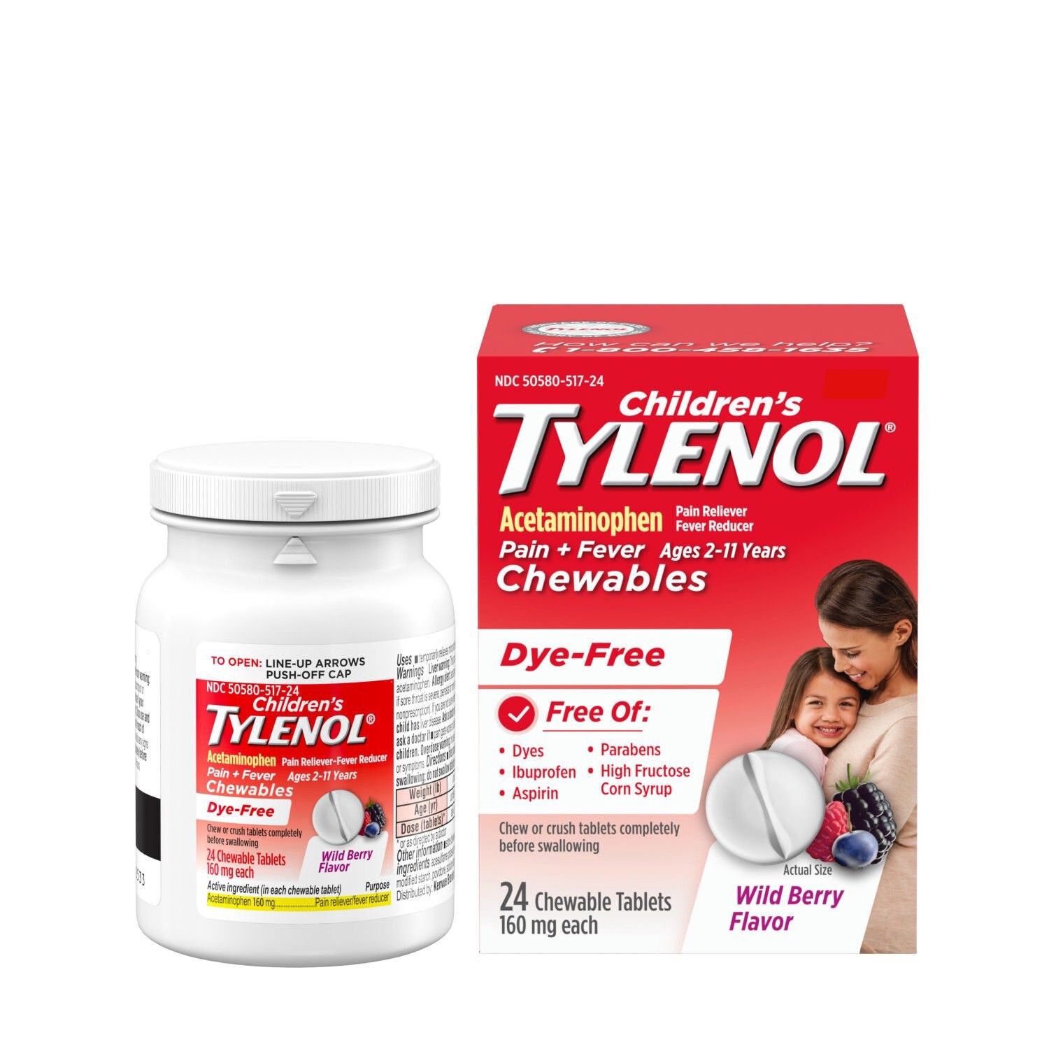slide 2 of 5, Tylenol Children's Tylenol Dye-Free Chewable Tablets, Wild Berry, 24 Count, 24 ct