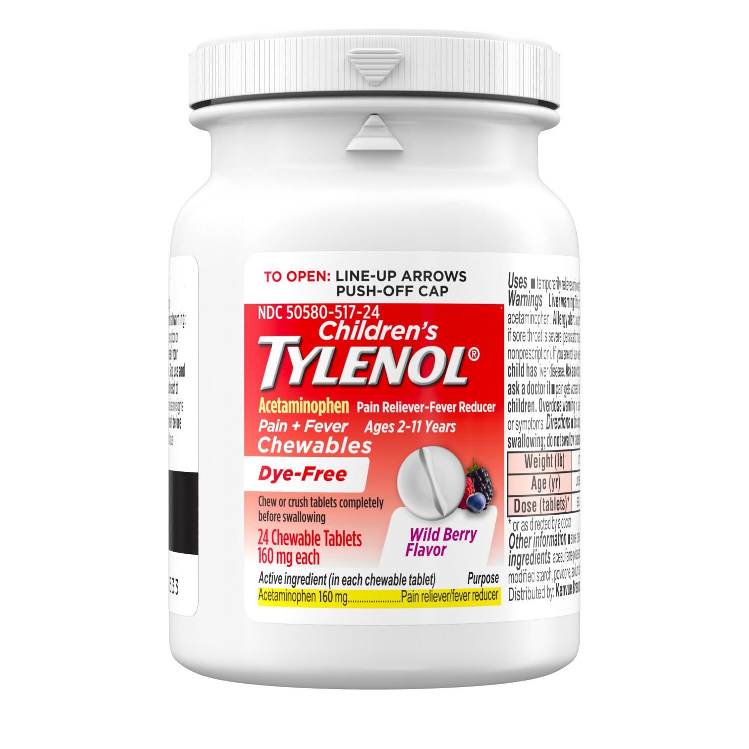 slide 4 of 5, Tylenol Children's Tylenol Dye-Free Chewable Tablets, Wild Berry, 24 Count, 24 ct
