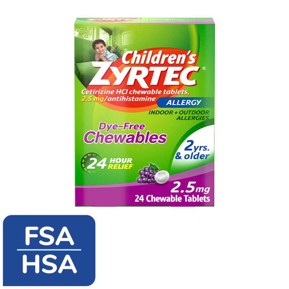 slide 2 of 3, Childrens Zyrtec Children's Zyrtec Allergy Dye-Free Grape Flavor Chewables, 24 ct