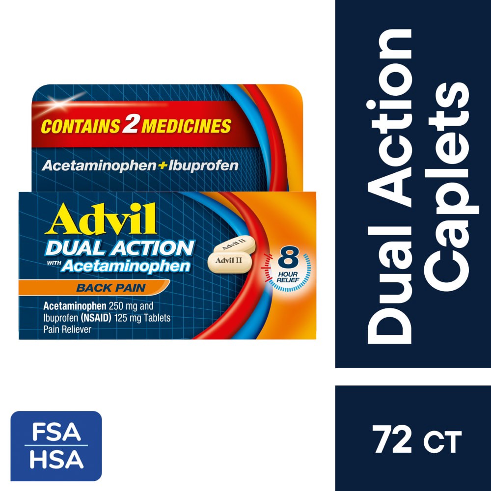 slide 2 of 6, Advil Dual Action Coated Caplets with Acetaminophen, 72 ct