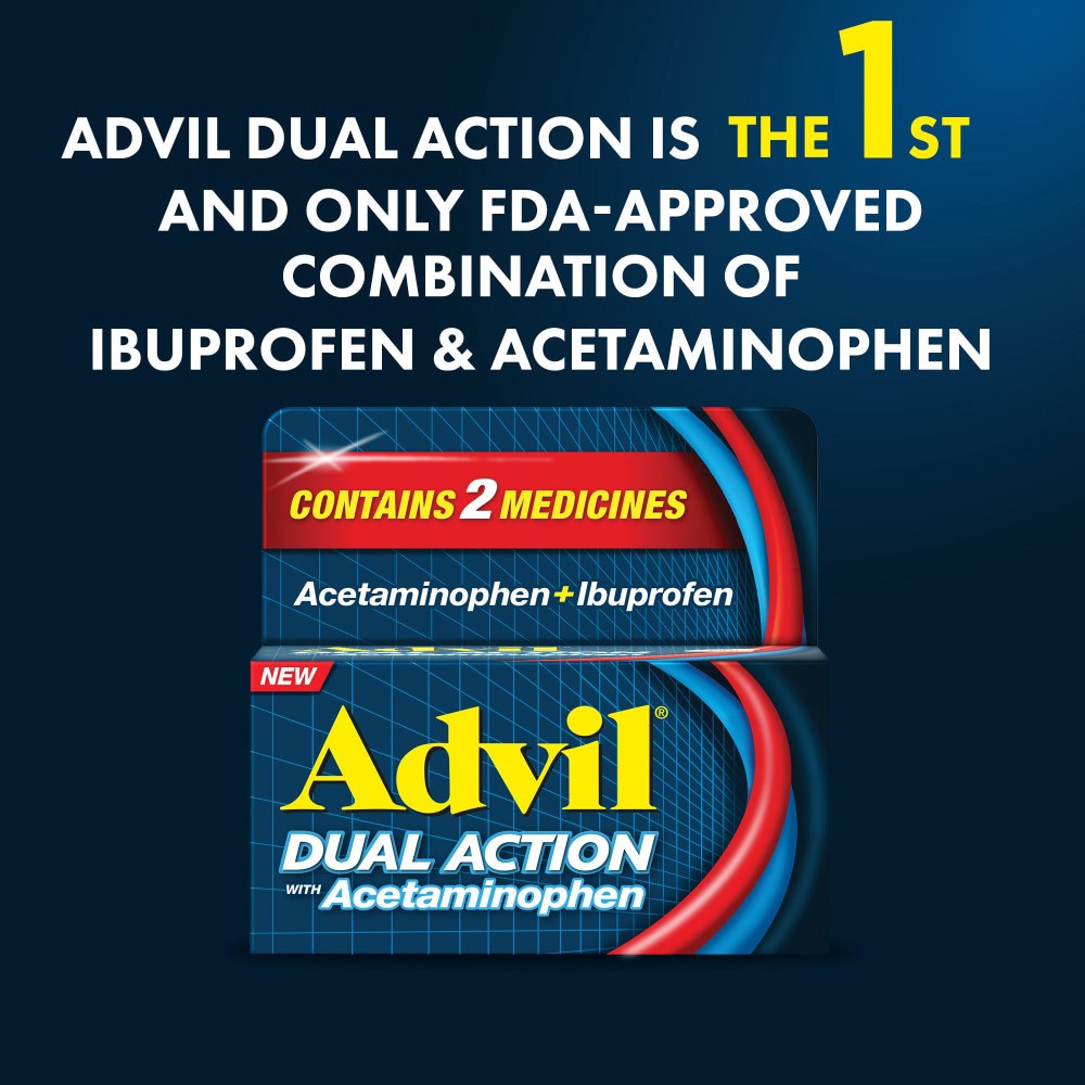 slide 2 of 5, Advil Dual Action with Acetaminophen combination of 125mg Ibuprofen and 250mg Acetaminophen Coated Caplets - 72ct, 72 cnt