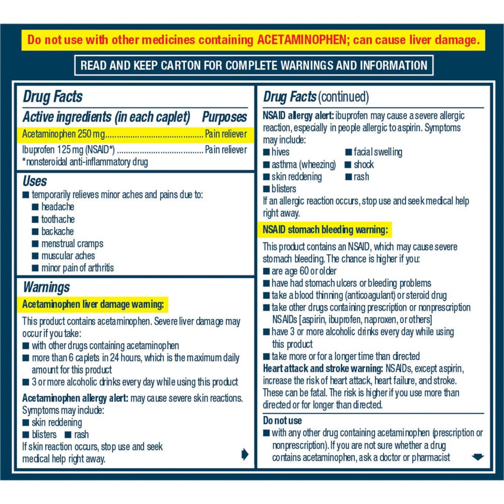 slide 3 of 5, Advil Dual Action with Acetaminophen combination of 125mg Ibuprofen and 250mg Acetaminophen Coated Caplets - 72ct, 72 cnt