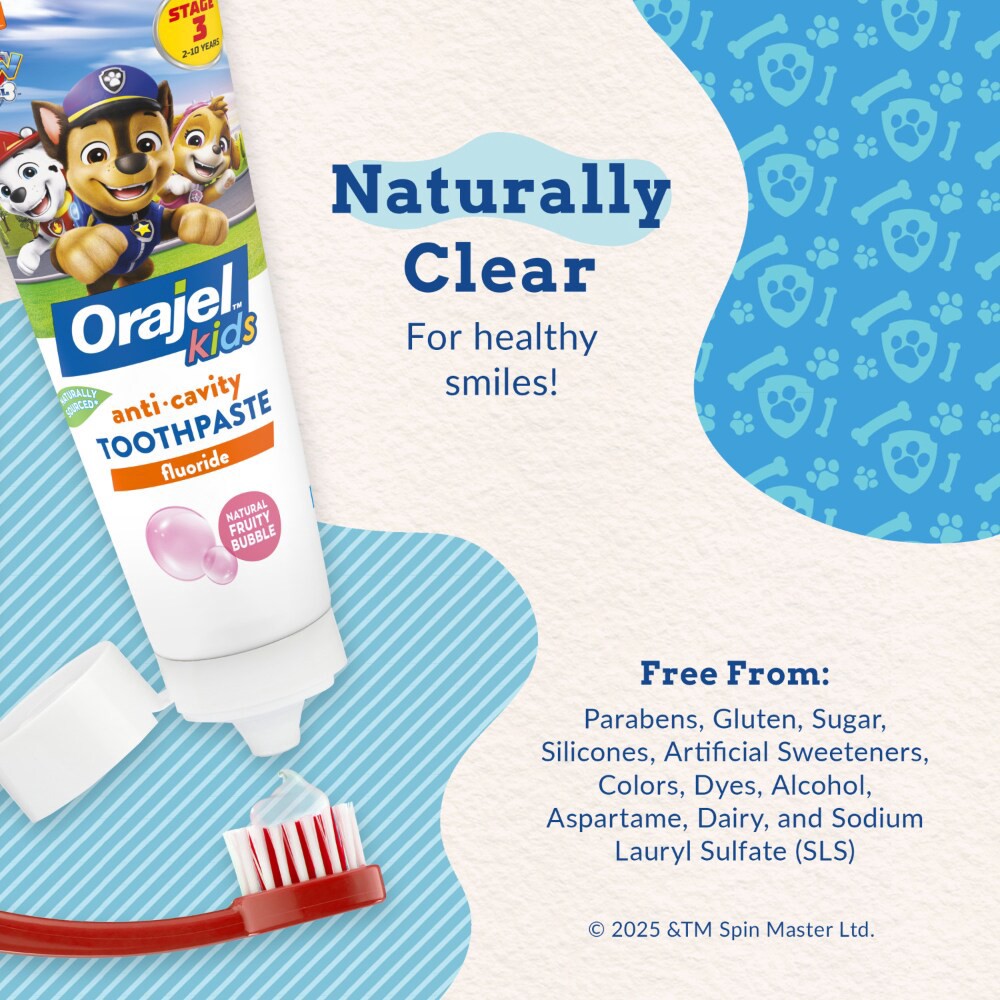 slide 4 of 6, Orajel Kids Paw Patrol Anti-Cavity Fluoride Toothpaste, Natural Fruity Bubble Flavor, 4.2oz Tube, 4.2 oz