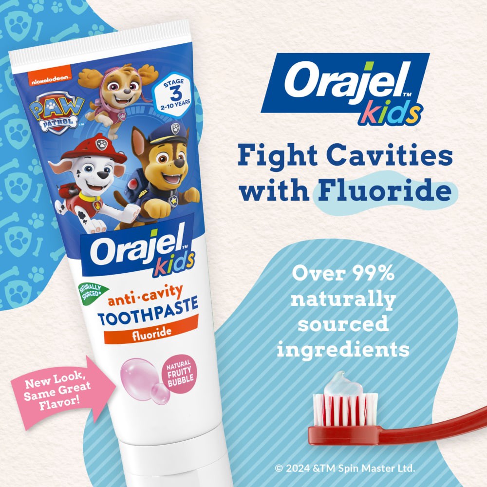 slide 5 of 6, Orajel Kids Paw Patrol Anti-Cavity Fluoride Toothpaste, Natural Fruity Bubble Flavor, 4.2oz Tube, 4.2 oz
