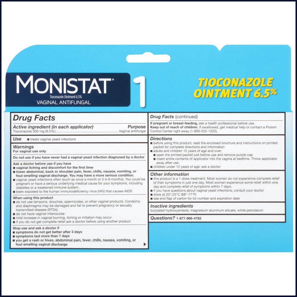 slide 3 of 5, Monistat 1 Day Yeast Infection Treatment for Women, 1 Prefilled Tioconazole Ointment Applicator, 1 Pack, 1 ct