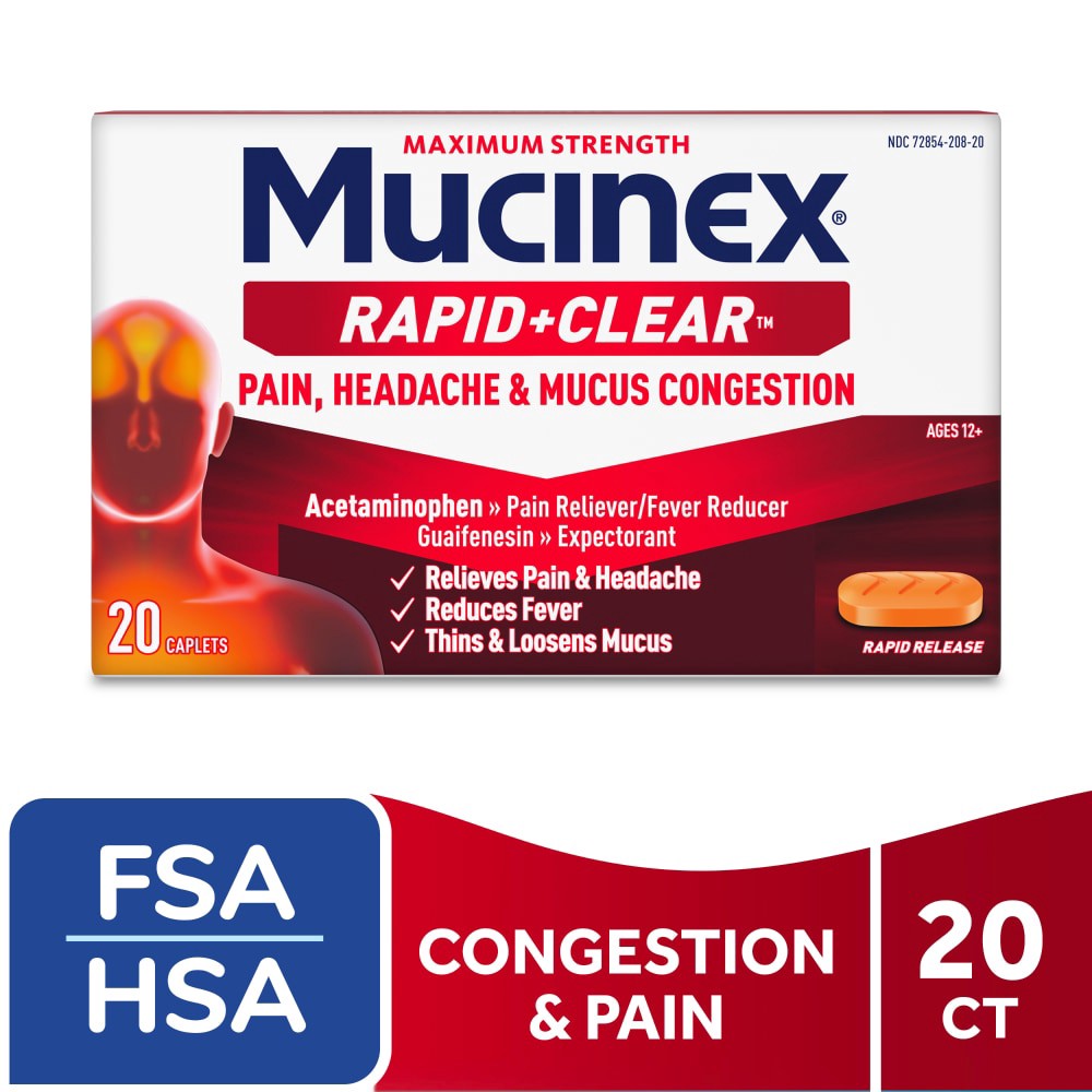 slide 3 of 6, Mucinex® Rapid Clear™ Pain Headache & Mucus Relief Acetaminophen Caplets, 20 ct
