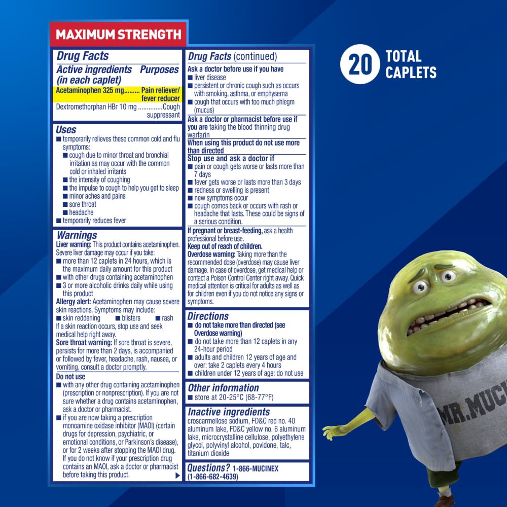 slide 4 of 5, Mucinex® Rapid Clear™ Pain Headache & Cough Relief Acetaminophen Caplets, 20 ct