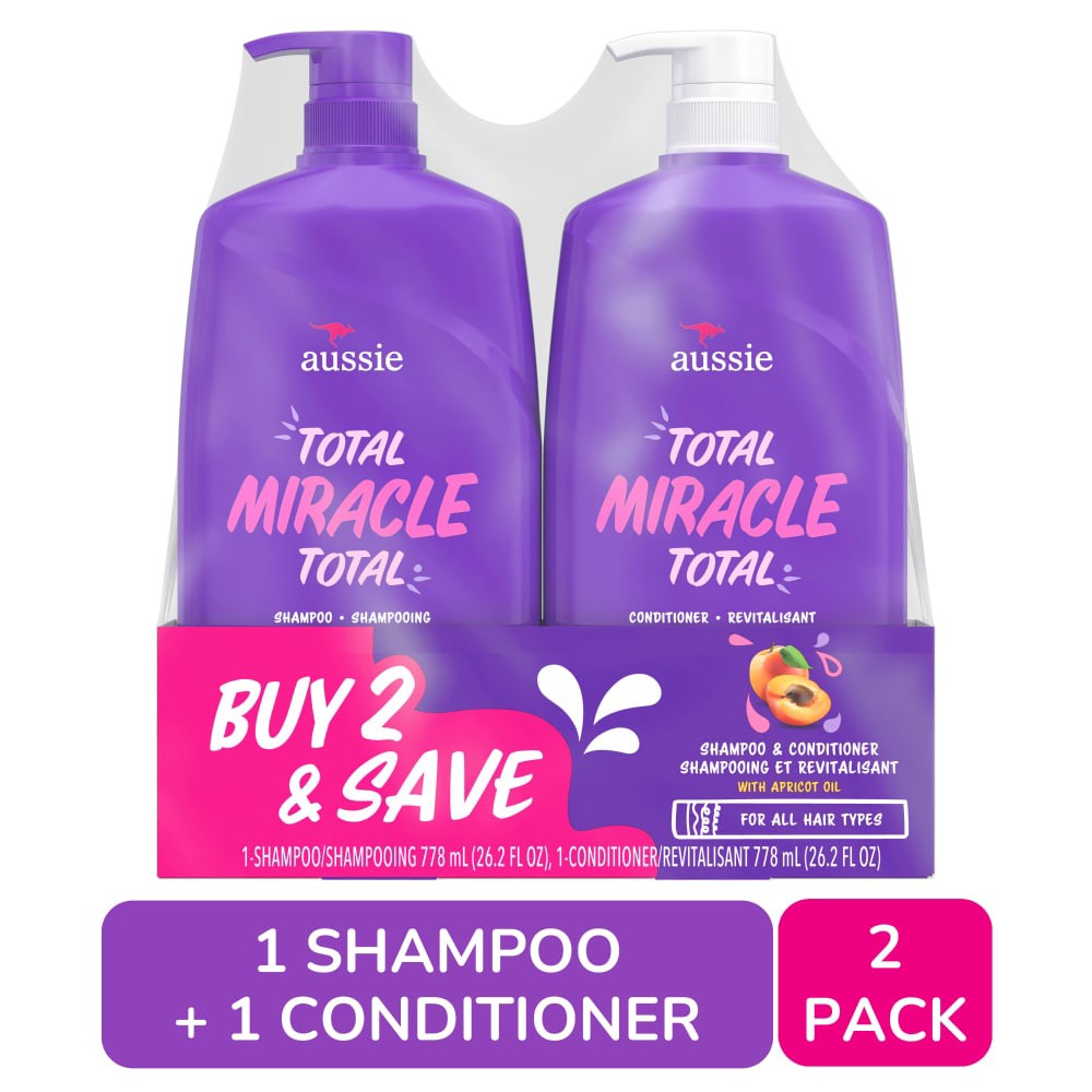 slide 2 of 2, Aussie Total Miracle with Apricot & Macadamia Oil, Paraben Free Shampoo and Conditioner Twin Pack, 1 ct