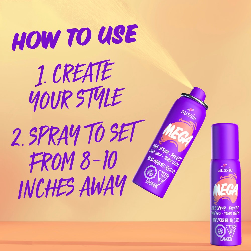 slide 3 of 6, Aussie Trial Size Mega Hair Spray, 1.5 oz