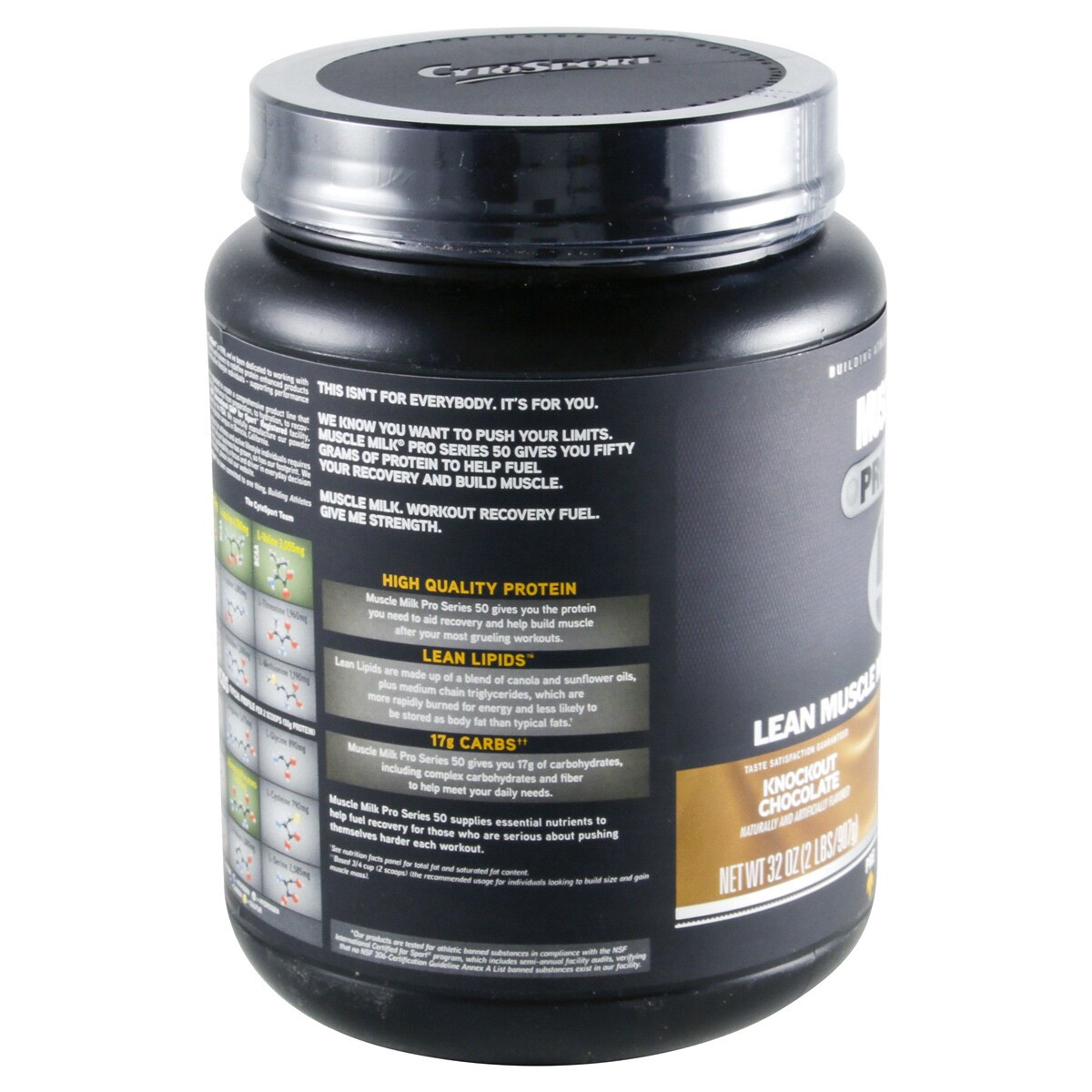 slide 3 of 4, Muscle Milk Pro Series Protein Powder Supplement Knockout Chocolate Artificially Flavored, 32 oz