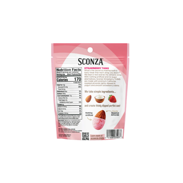 slide 2 of 2, Sconza Thins Strawberry Almonds, 5 oz