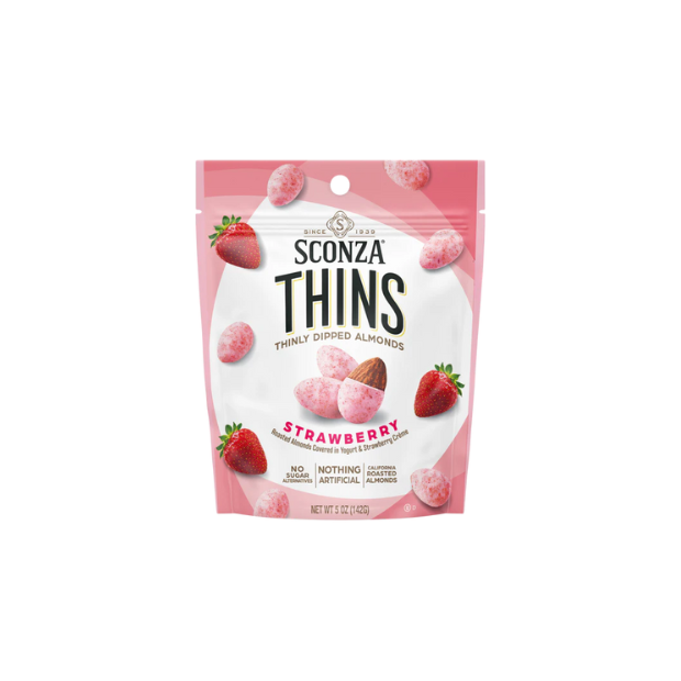 slide 1 of 2, Sconza Thins Strawberry Almonds, 5 oz