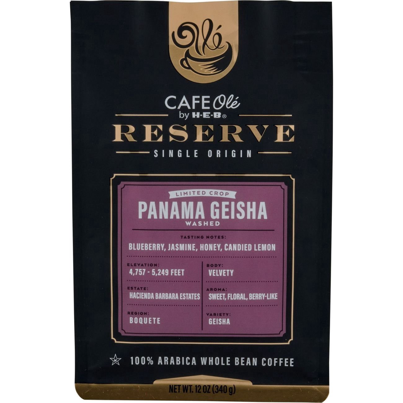 slide 1 of 1, CAFE Olé by H-E-B Reserve Single Origin Whole Bean Panama Geisha Coffee, 12 oz