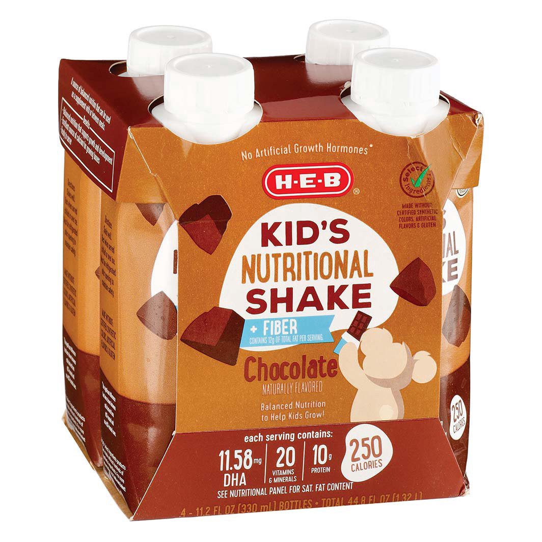 slide 1 of 1, H-E-B Kid's Nutritional Shake + Fiber - Chocolate, 11.2 oz