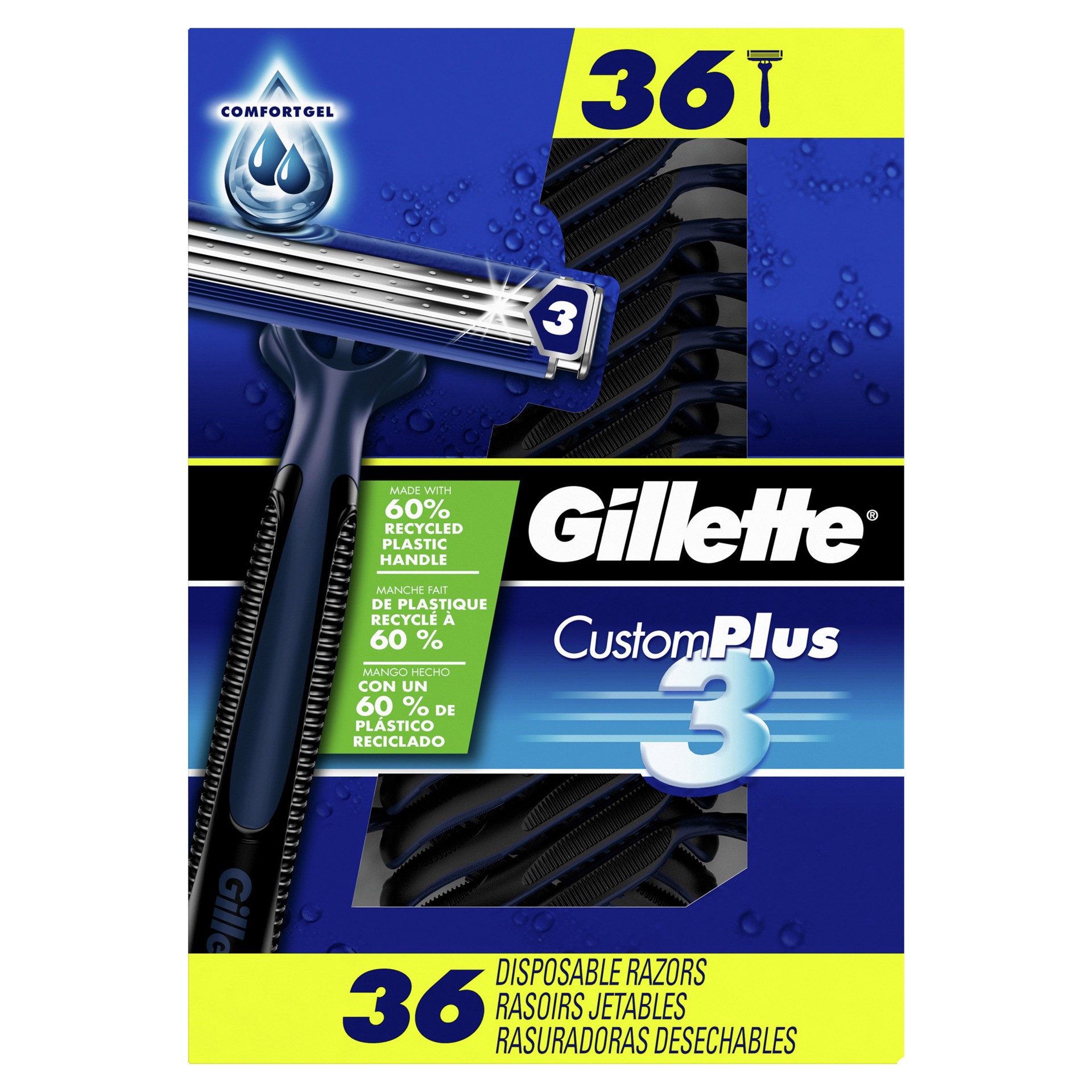 slide 1 of 1, Gillette Custom Plus3 Disposable Razors, 36 count, 