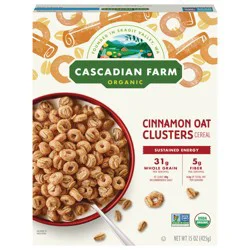 Cascadian Farm Organic Cinnamon Oat Clusters Cereal, Made with Whole Grain, Non-GMO, 15 oz
