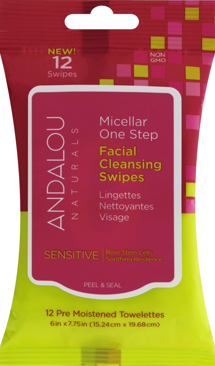 slide 2 of 2, Andalou Naturals Micellar One Step Sensitive Facial Cleansing Swipes, 12 ct