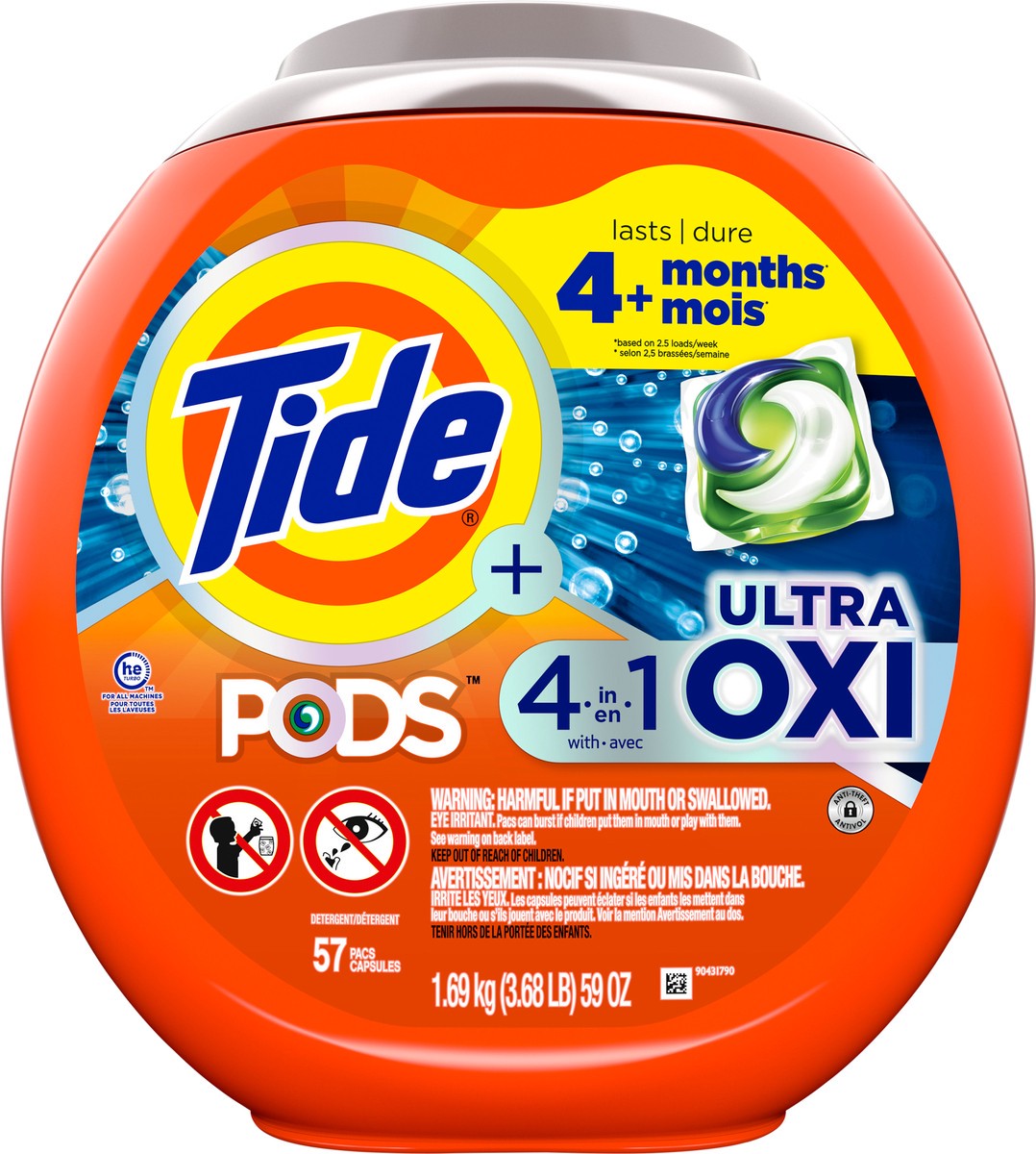 slide 6 of 9, Tide 4-n-1 Ultra Oxi PODS Laundry Detergent Pacs, 57 Count, HE Compatible, Built in Pre-treater for Stains, 59 oz