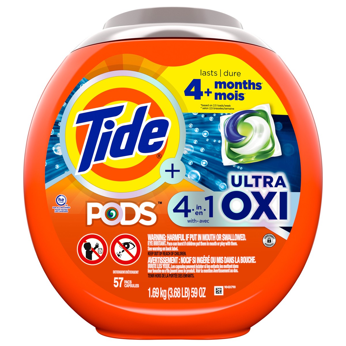 slide 8 of 9, Tide 4-n-1 Ultra Oxi PODS Laundry Detergent Pacs, 57 Count, HE Compatible, Built in Pre-treater for Stains, 59 oz