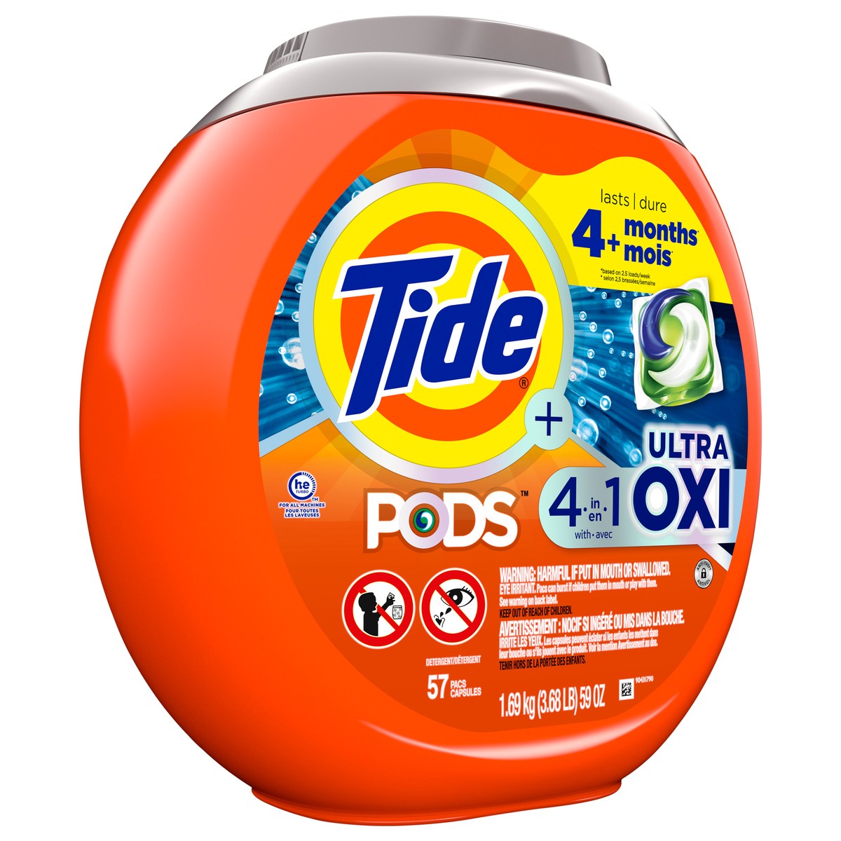 slide 5 of 9, Tide 4-n-1 Ultra Oxi PODS Laundry Detergent Pacs, 57 Count, HE Compatible, Built in Pre-treater for Stains, 59 oz