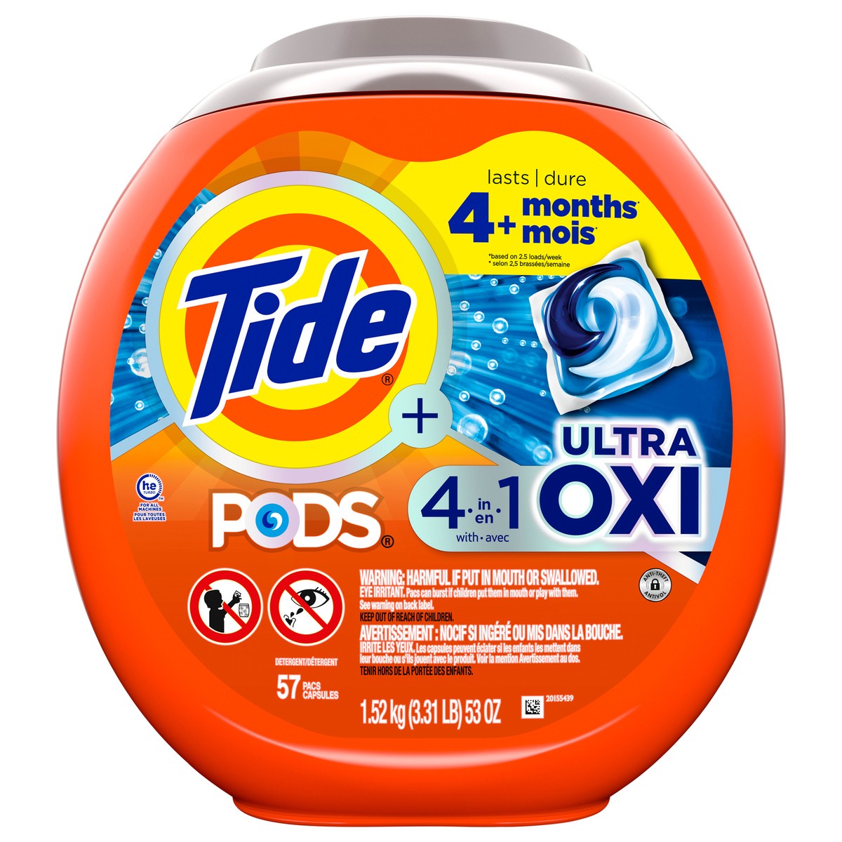 slide 1 of 9, Tide 4-n-1 Ultra Oxi PODS Laundry Detergent Pacs, 57 Count, HE Compatible, Built in Pre-treater for Stains, 59 oz