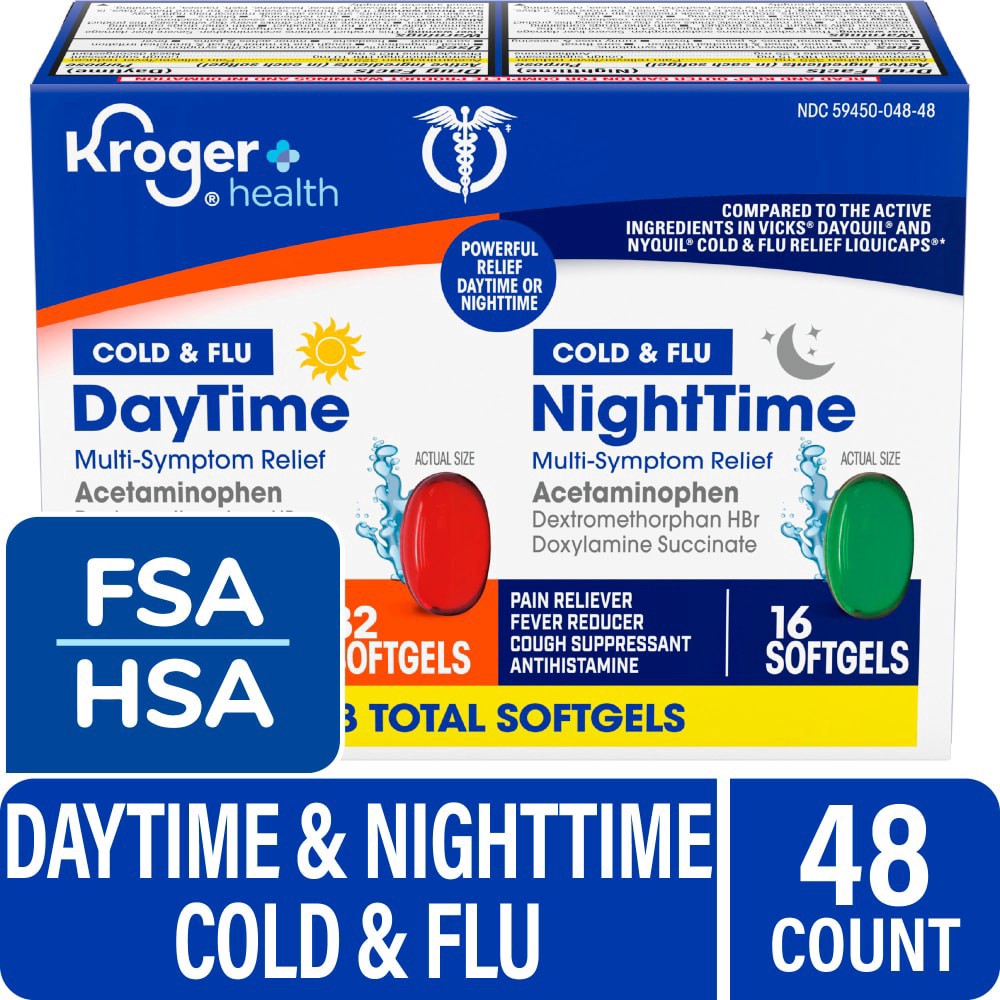 slide 3 of 3, Kroger® Multi-Symptom Cold and Flu DayTime and NightTime Cold Medicine Softgels, 48 ct