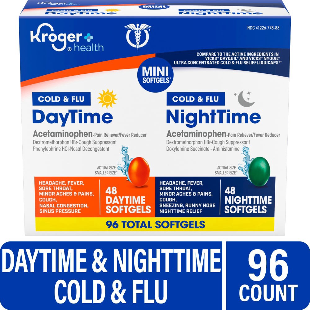 slide 2 of 4, Kroger® Multi-Symptom Cold and Flu DayTime and NightTime Cold Medicine Softgels, 96 softgels