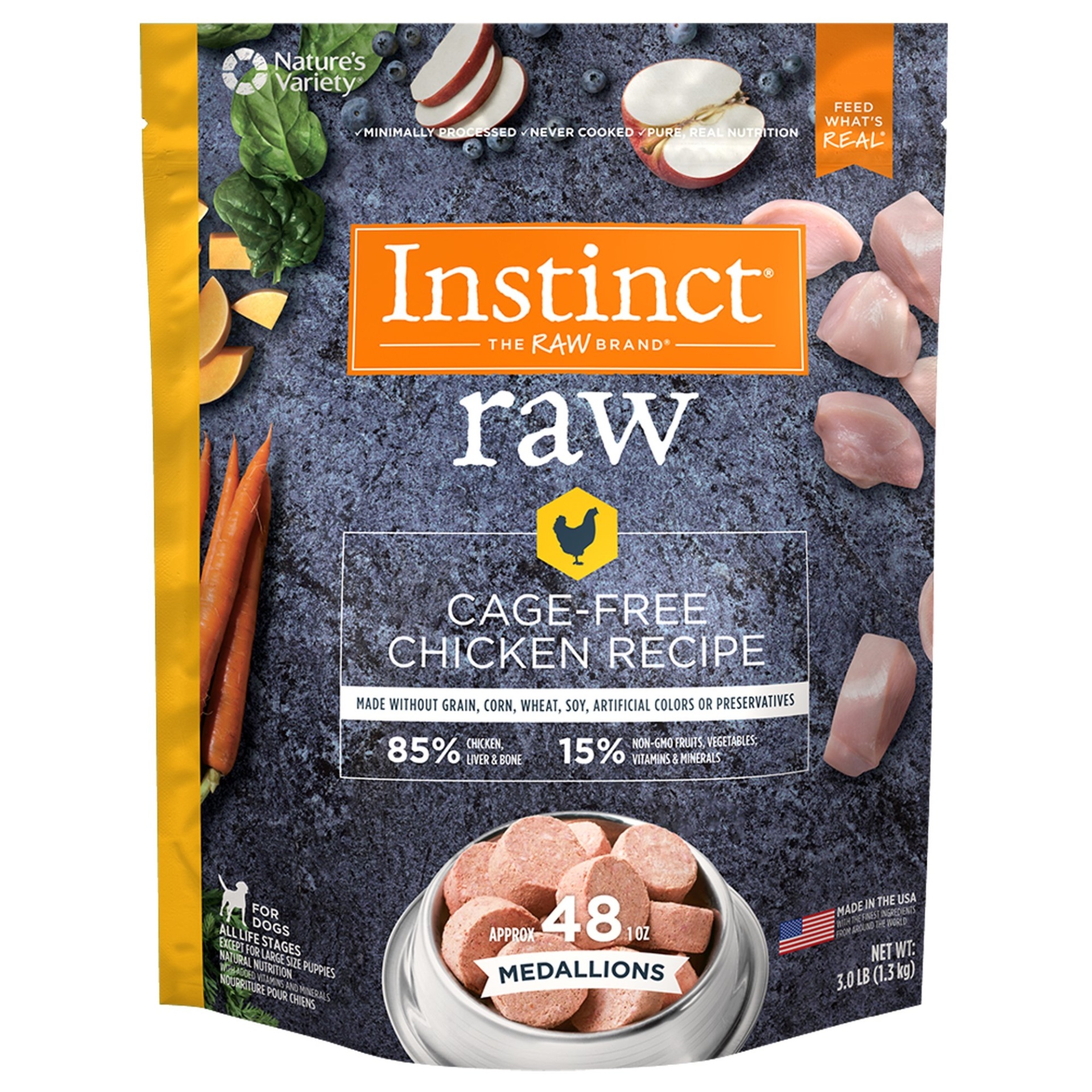 slide 1 of 1, Nature's Variety Instinct Frozen Raw Medallions Grain-Free Cage Free Chicken Recipe Natural Dog Food, 3 lb