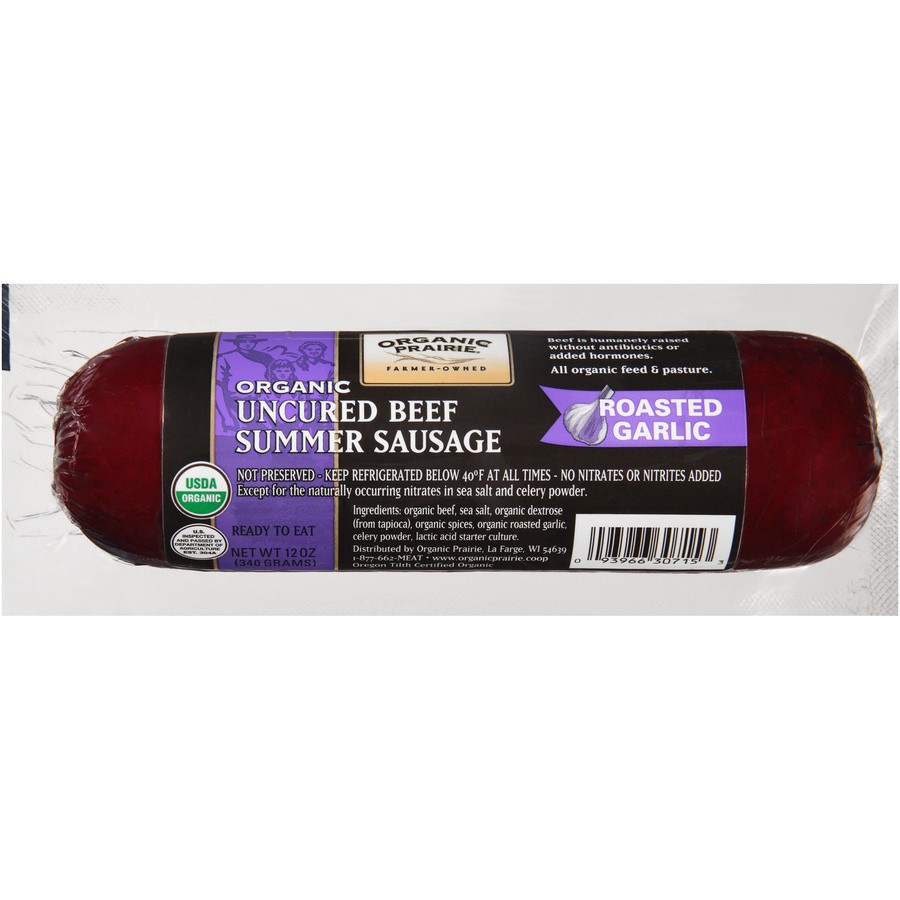 slide 1 of 6, Organic Prairie Organic Uncured Beef Roasted Garlic Summer Sausage, 12 oz