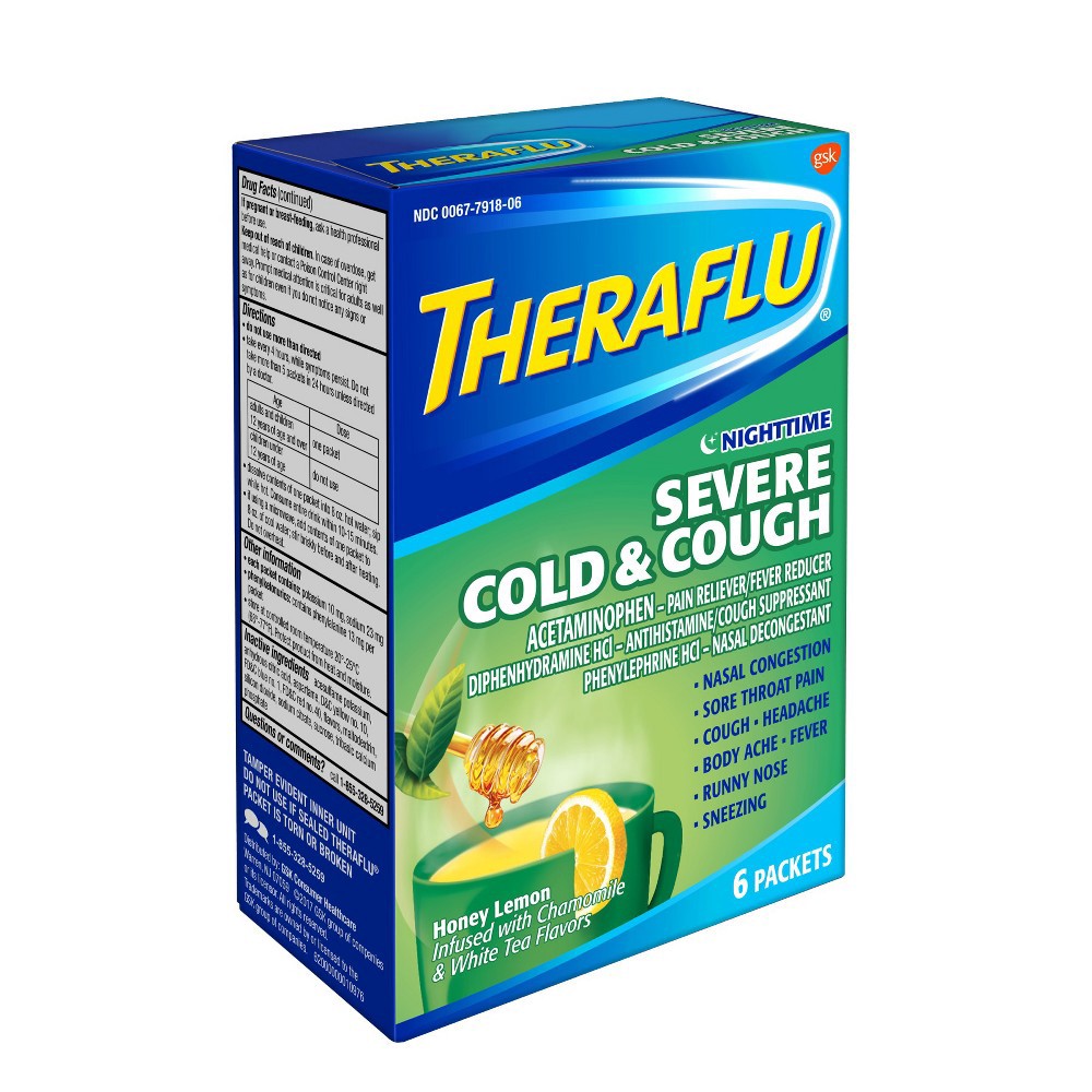 slide 2 of 4, Theraflu Nighttime Severe Cold and Cough Hot Liquid Powder, 6 ct