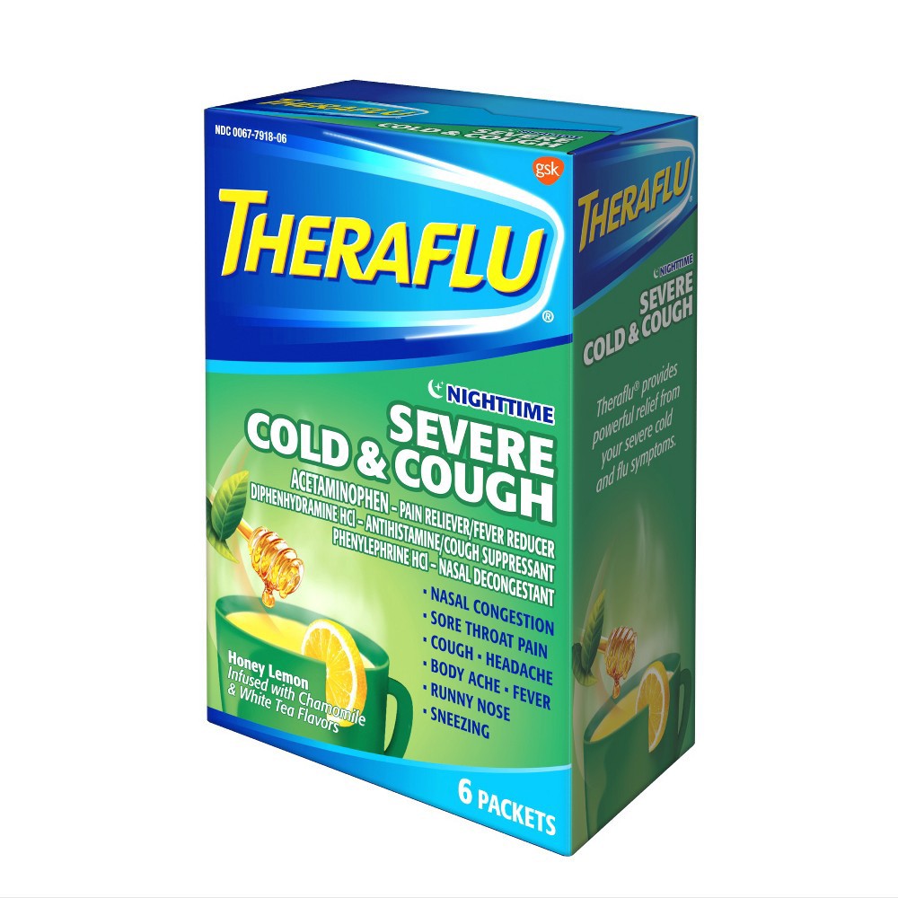 slide 4 of 4, Theraflu Nighttime Severe Cold and Cough Hot Liquid Powder, 6 ct