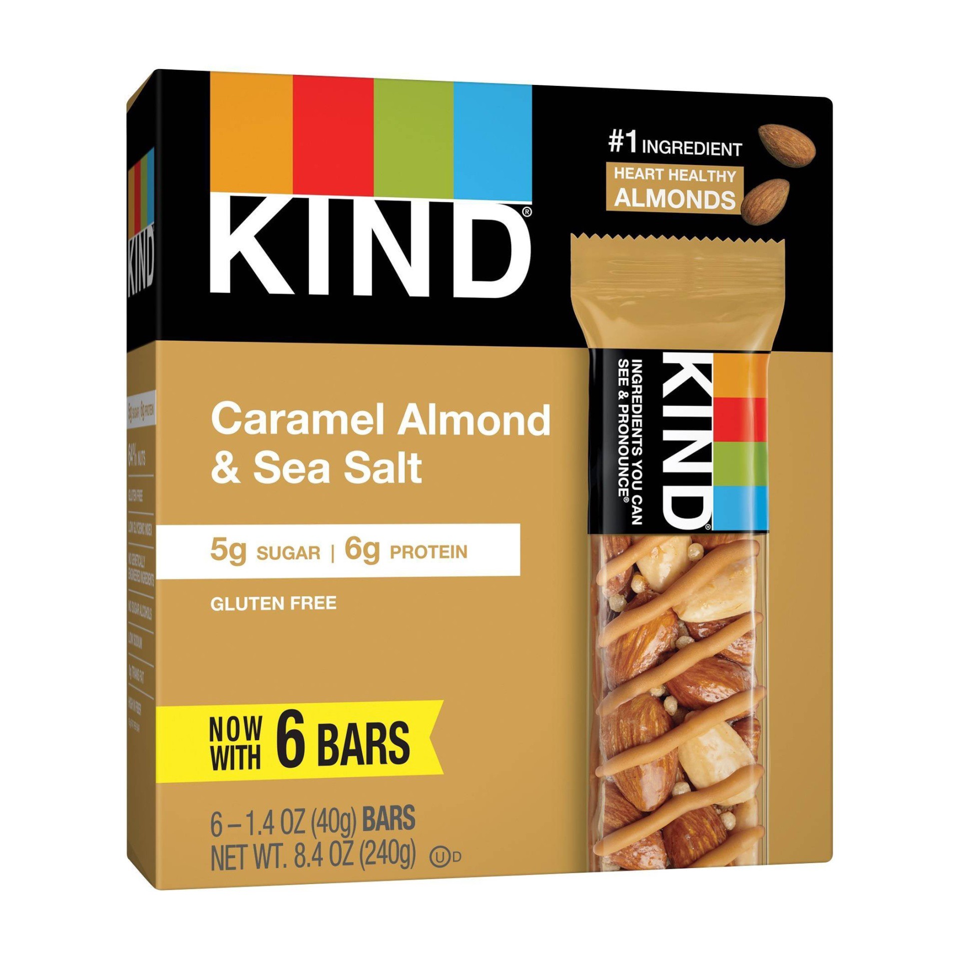 slide 1 of 2, KIND Gluten Free Caramel Almond & Sea Salt Snack Bars, 1.4 oz, 6 Count, 8.4 oz