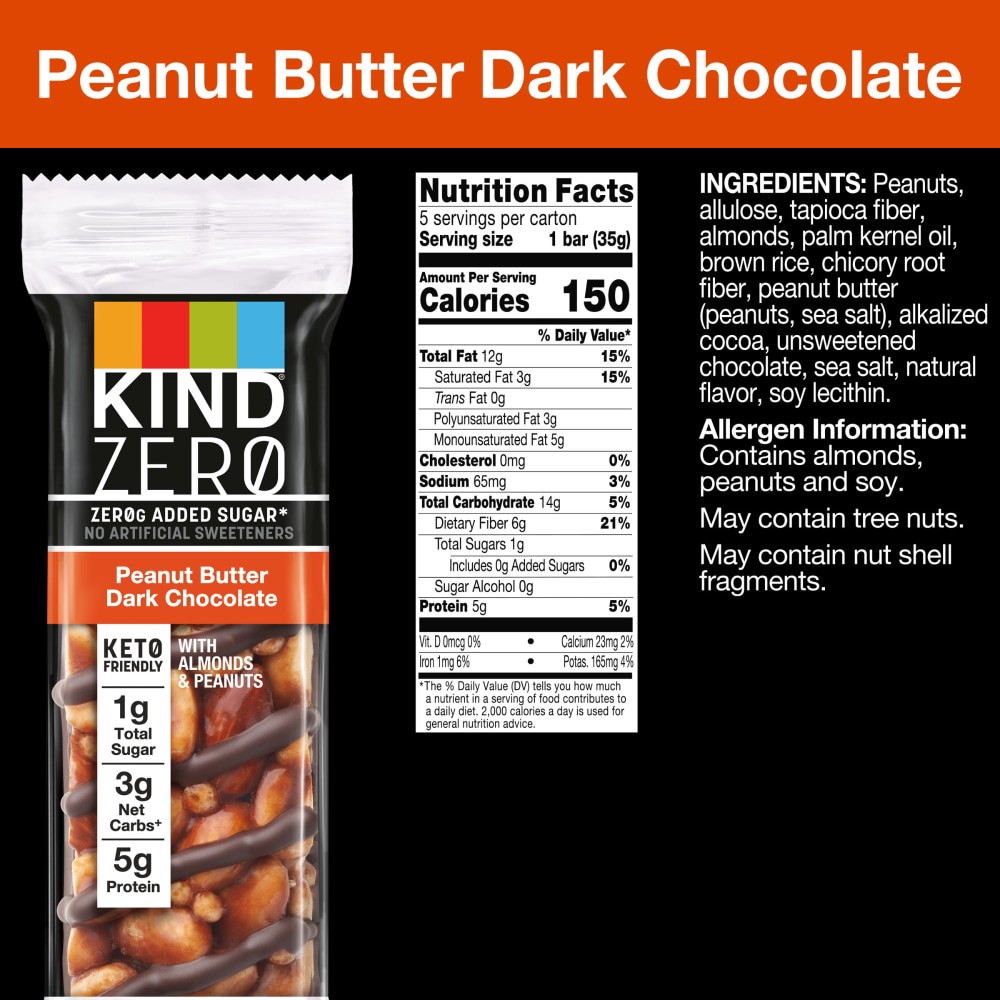 slide 4 of 6, KIND ZERO Peanut Butter Dark Chocolate Nut Bars, 5 ct