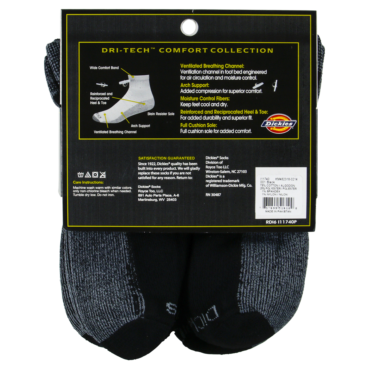 slide 2 of 2, Dickies Dri-Tech Comfort Moisture Control Black Quarter Socks, Size 6-12, 6 pair