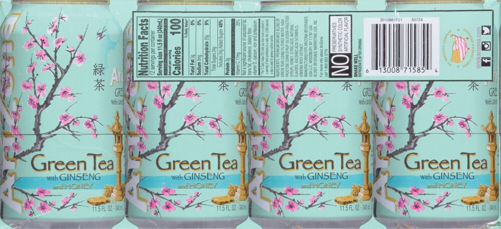 slide 2 of 4, AriZona Green Tea With Ginseng & Honey - 12 ct; 11.5 oz, 12 ct; 11.5 oz