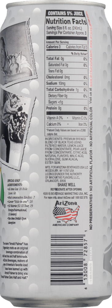 slide 4 of 4, AriZona Arnold Palmer Zero Half Iced Tea Half Lemonade - 23 fl oz, 23 fl oz