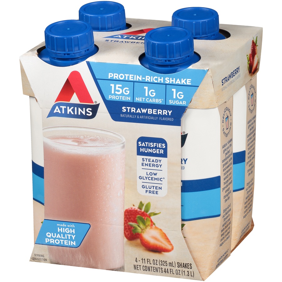 slide 3 of 8, Atkins Strawberry Protein-rich Shakes, 4 ct; 11 oz