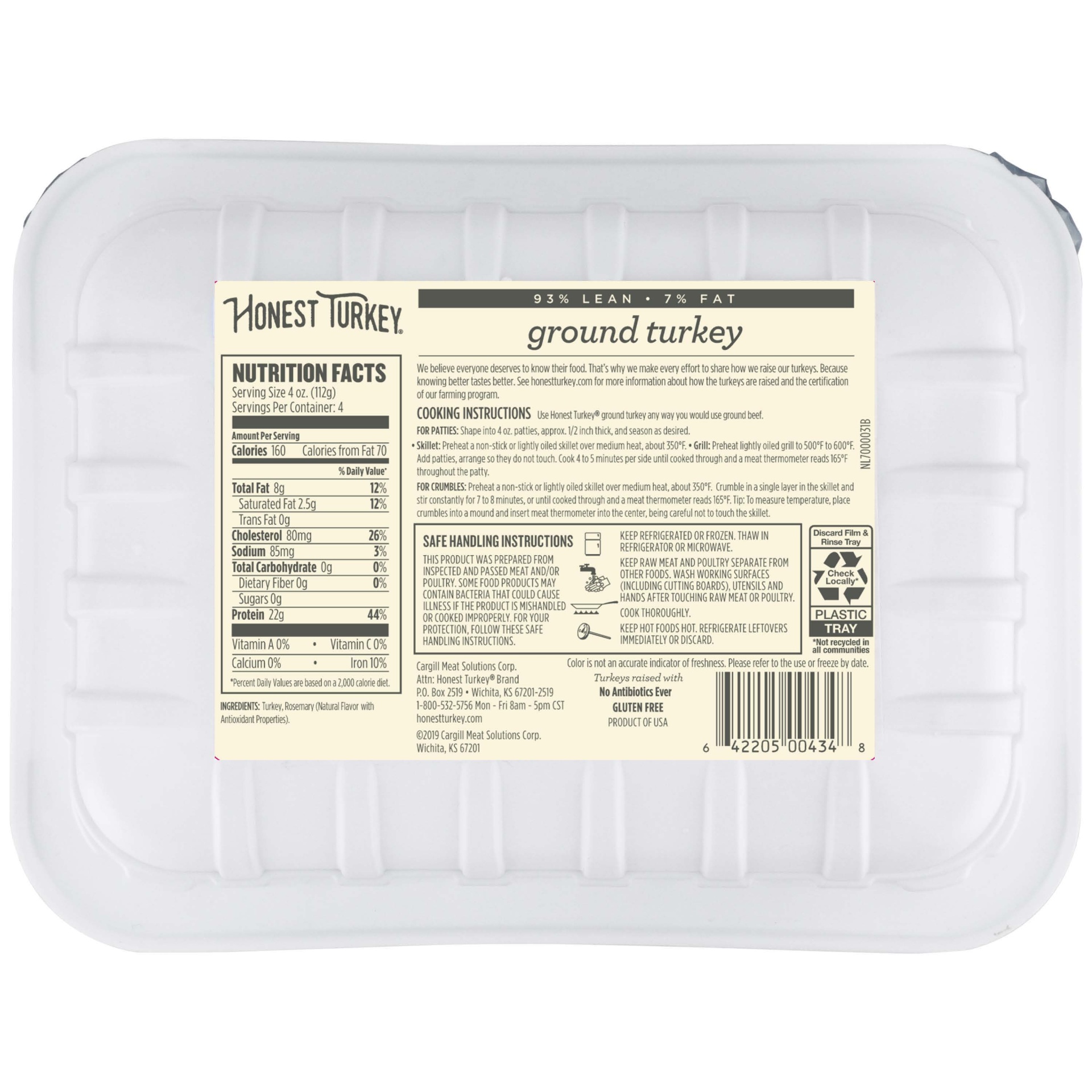 slide 5 of 5, Honest Turkey 93% Lean / 7% Fat Ground Turkey Tray, Antibiotic-Free, 1 lb., 1 lb