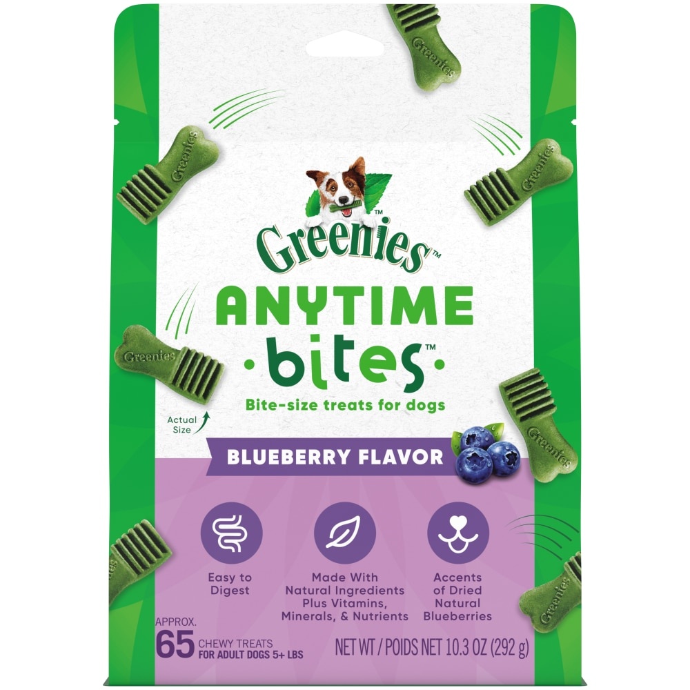 slide 2 of 2, Greenies Canine Anytime Bites Blueberry Pouch - DCIC 10.34oz English, 10.3 oz