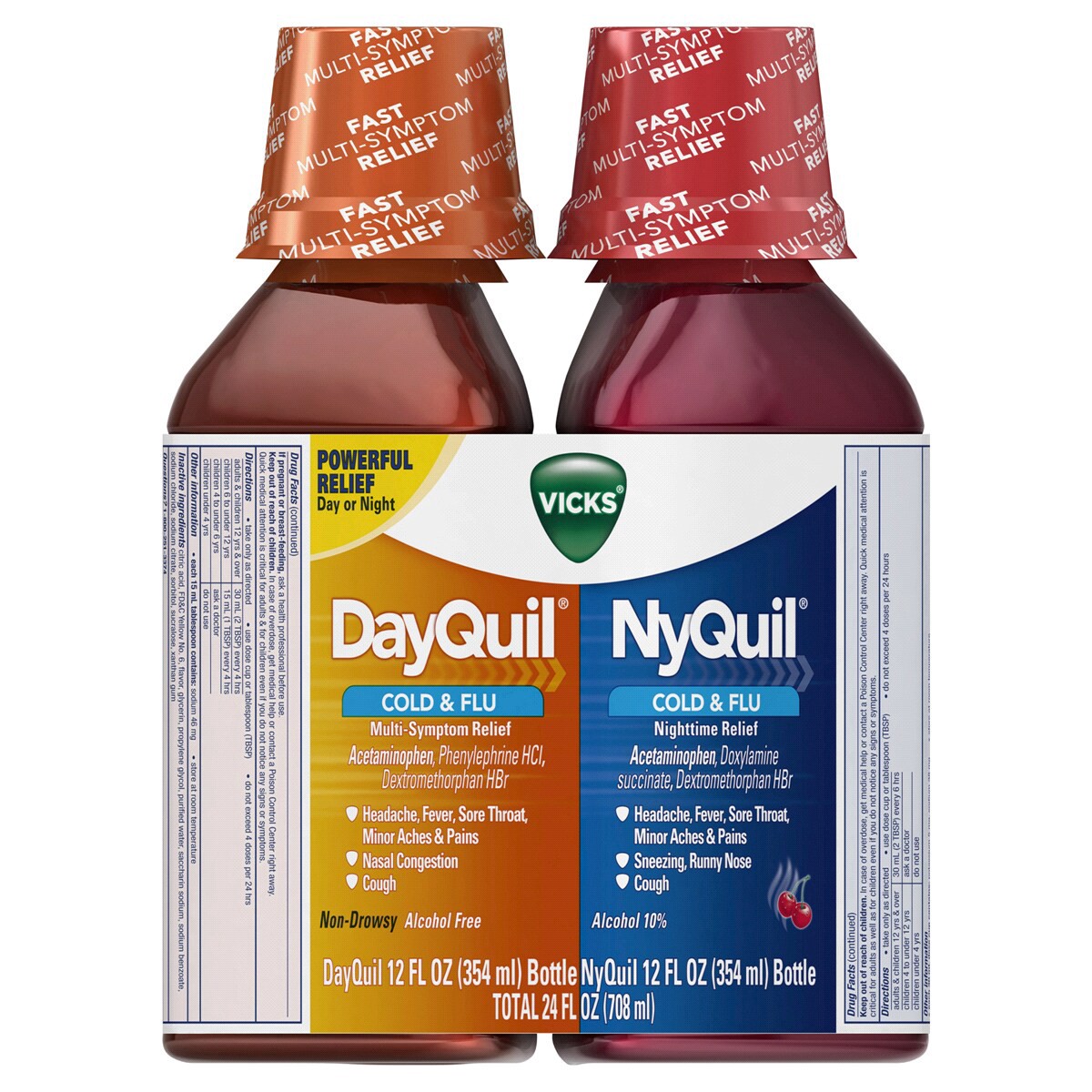 slide 2 of 3, Vicks DayQuil and NyQuil Cherry Cold and Flu Relief Cherry-Flavored Liquid Medicine, Powerful Multi-Symptom Daytime and Nighttime Relief for Headache, Fever, Sore Throat, Minor Aches and Pains, and Cough, Cherry Flavored, Combo Pack, 2 x 12 FL OZ Bottles, 2 ct