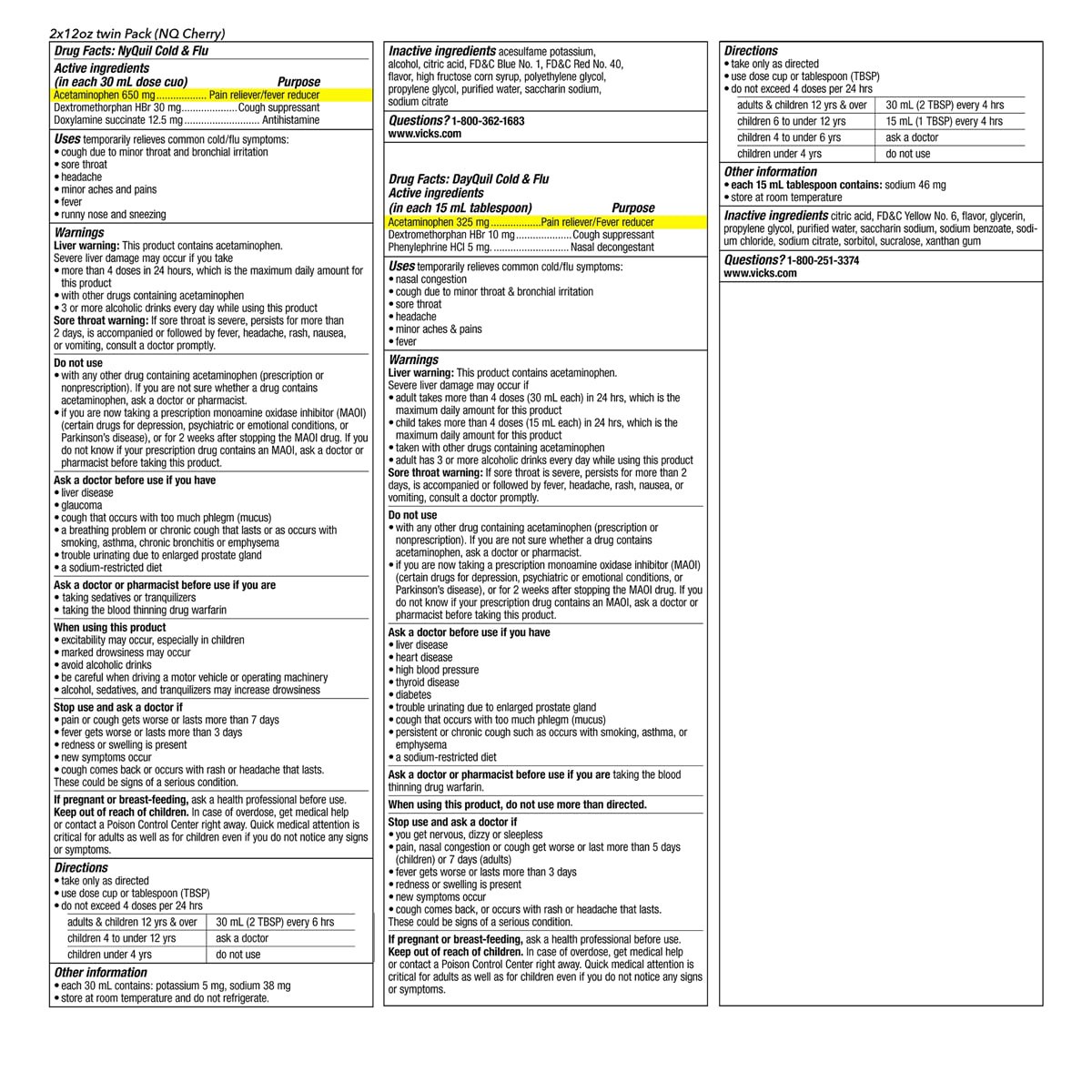 slide 3 of 3, Vicks DayQuil and NyQuil Cherry Cold and Flu Relief Cherry-Flavored Liquid Medicine, Powerful Multi-Symptom Daytime and Nighttime Relief for Headache, Fever, Sore Throat, Minor Aches and Pains, and Cough, Cherry Flavored, Combo Pack, 2 x 12 FL OZ Bottles, 2 ct