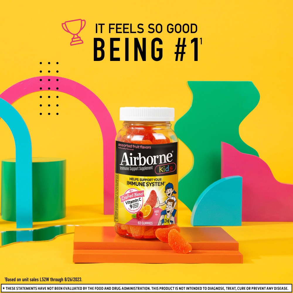 slide 5 of 6, Airborne Kids Assorted Fruit Flavors Immune Support Supplement 63 Gummies, 63 ct