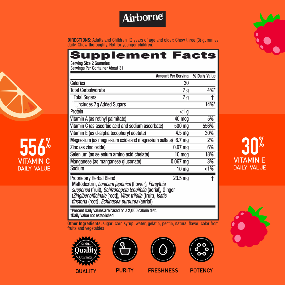 slide 4 of 6, Airborne Kids Assorted Fruit Flavors Immune Support Supplement 63 Gummies, 63 ct