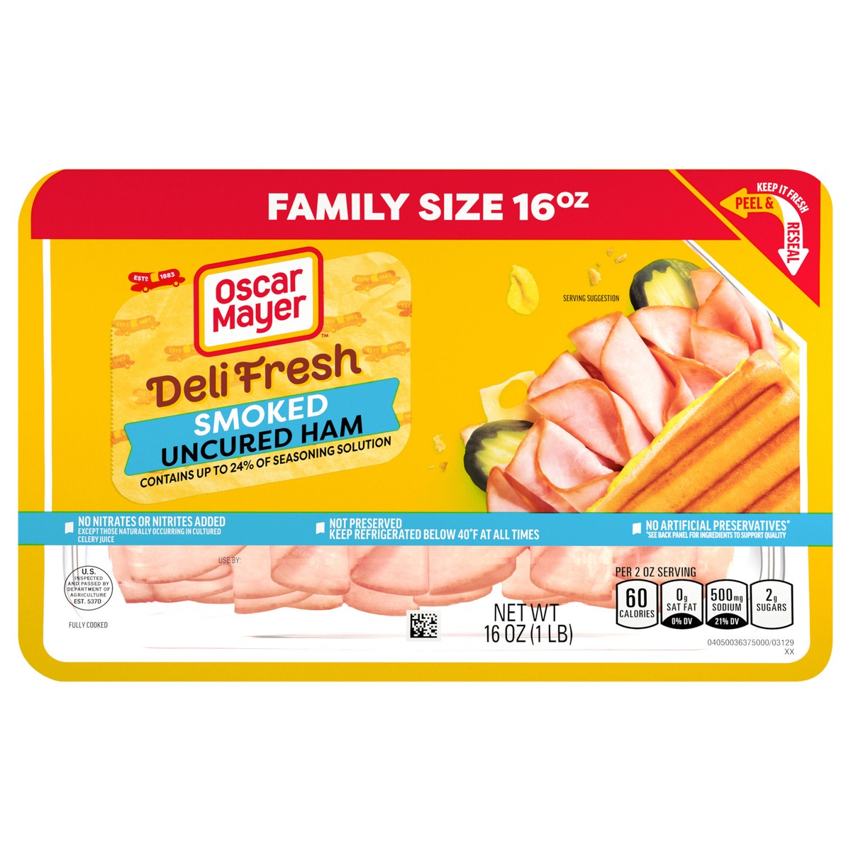 slide 1 of 5, Oscar Mayer Deli Fresh Smoked Uncured Sliced Ham Deli Lunch Meat Family Size, 16 oz Package, 16 oz