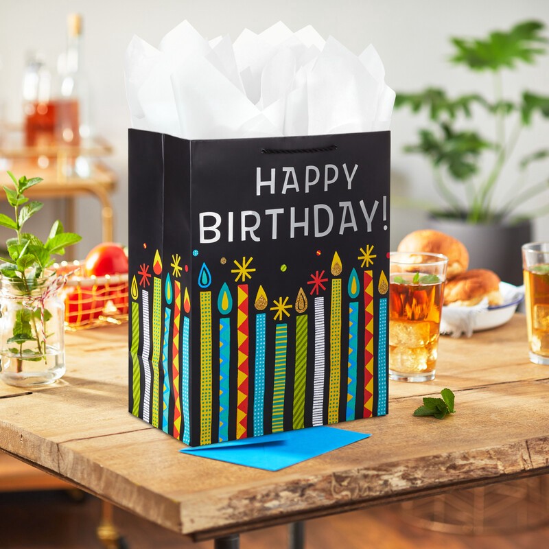 slide 3 of 3, Hallmark Large Gift Bag, Happy Birthday Candles on Black, 1 ct