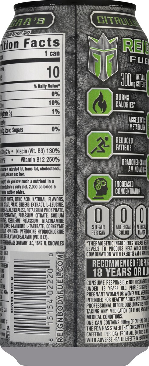 slide 5 of 9, Reign Ignite your workouts by adding fire to the fuel! Introducing Reign Inferno, a new thermogenic fuel that burns calories & accelerates metabolism. Reign Inferno's proprietary thermogenic performance blend includes 300MG of Natural Caffeine, L-Citrulline, Panax Ginseng Extract, L-Carnitine & Green Tea Extract. Thermogenic ingredients increase metabolic energy levels to produce heat, which burns calories in combination with exercise and a healthy diet. Reign Inferno also contains the same attributes as Reign Total Body Fuel - Zero Sugar, BCAA's, CoQ10, Electrolytes, B Vitamins (B3, B5 & B12), No artificial colors, flavors or fat., 16 fl oz