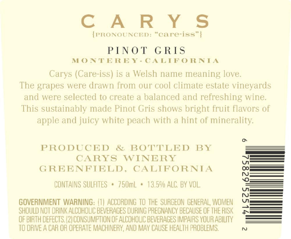 slide 2 of 6, Cary's Carys Pinot Gris, 750 ml