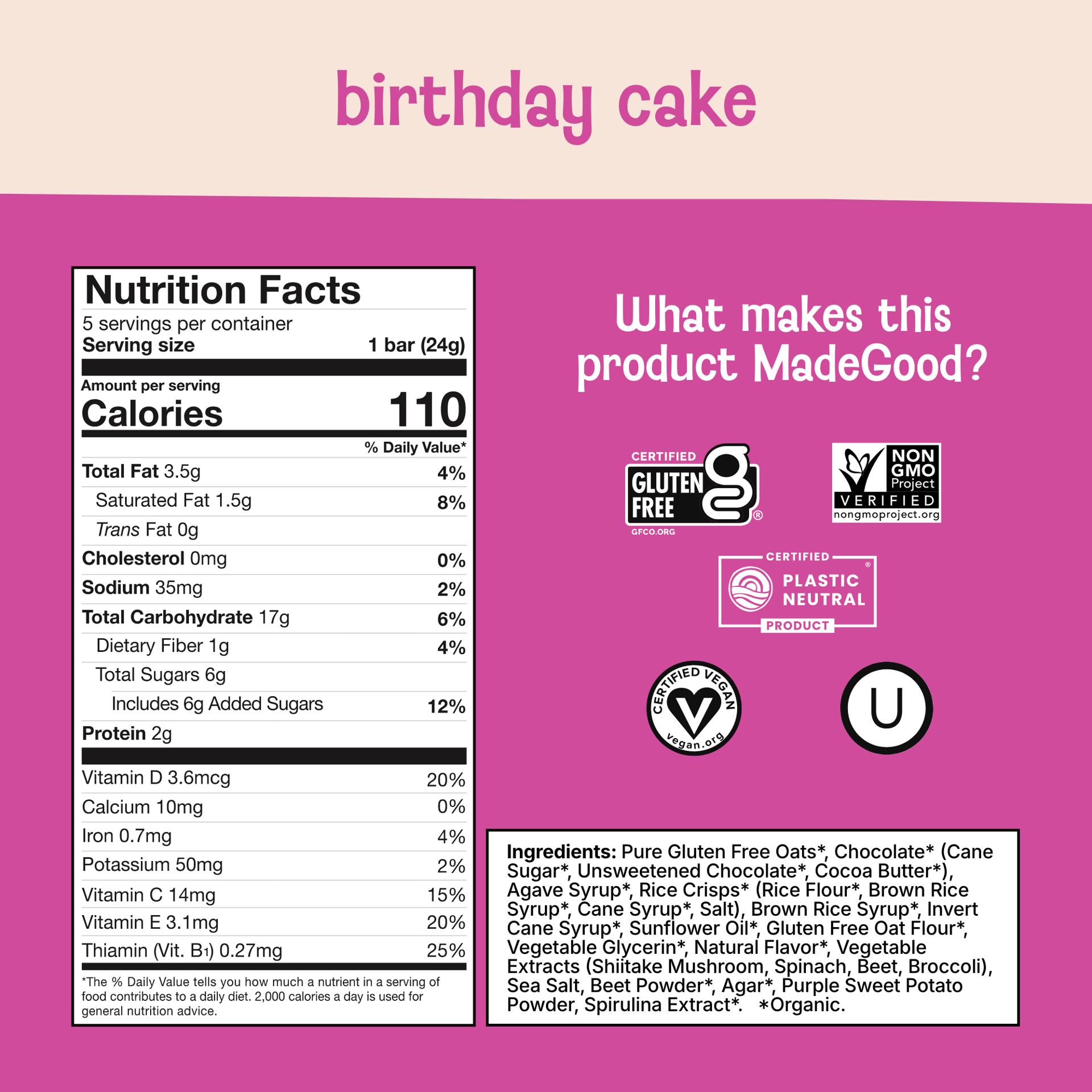 slide 3 of 5, MadeGood Chocolate Drizzled Birthday Cake Flavor Granola Bars 5 - 0.85 oz Bars, 5 ct