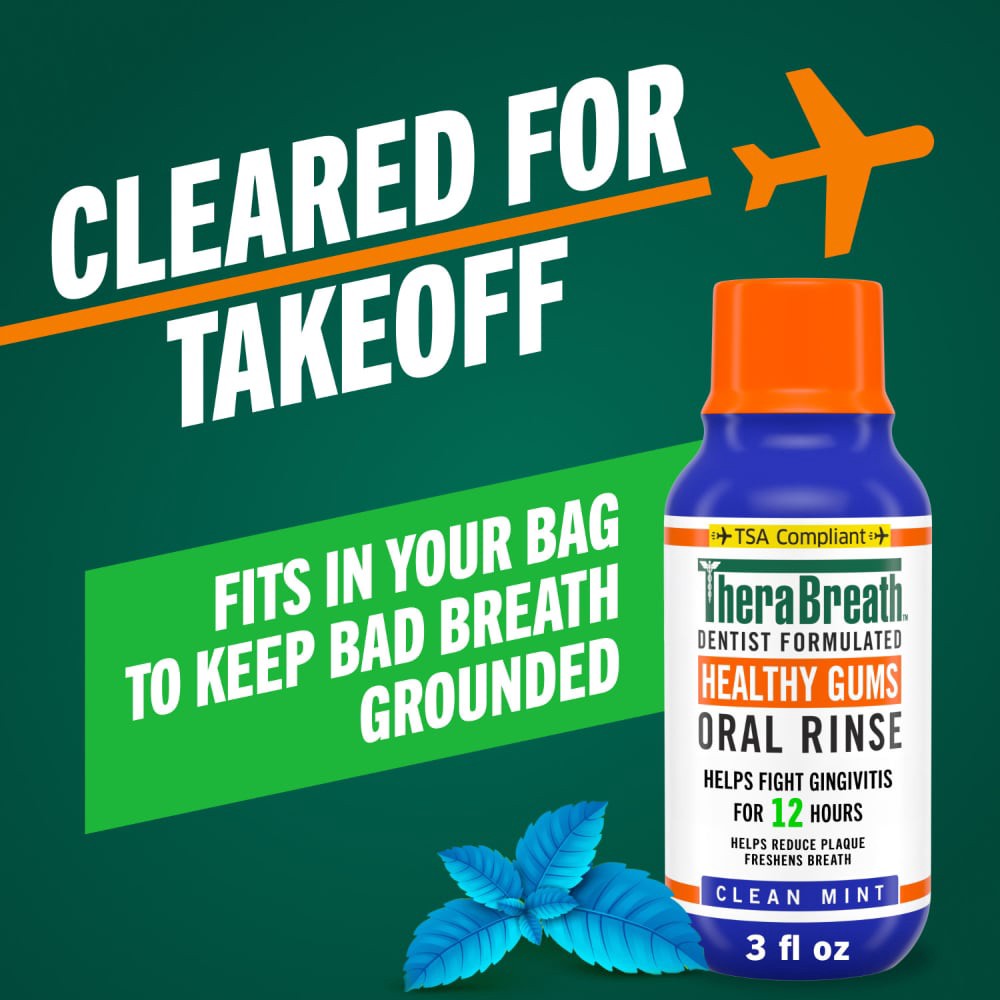 slide 6 of 6, TheraBreath Healthy Gums Oral Rinse,TSA Compliant Travel Size, Antigingivitis, Clean Mint Flavor, Dentist Formulated to Help Prevent Gingivitis and Support Gum Health, Alcohol Free, 3 Fl Oz, 3 fl oz